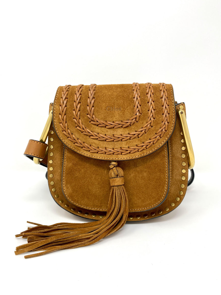 Chlo Hudson mini whipstitched suede shoulder bag in Tan