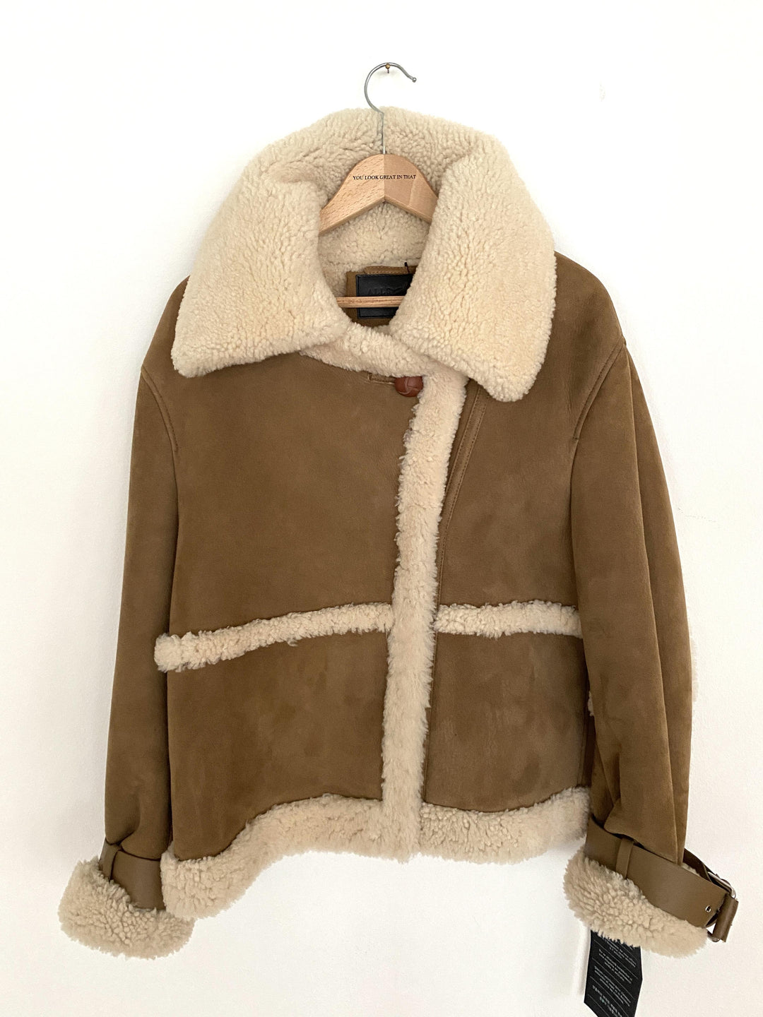 ALL SAINTS Farley Shearling Aviator Jacket in Brown/Ecru - Size M