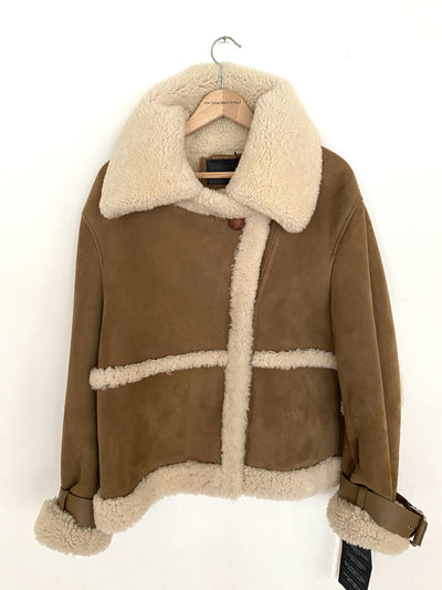 ALL SAINTS Farley Shearling Aviator Jacket in Brown/Ecru - Size M - Jackets - All Saints