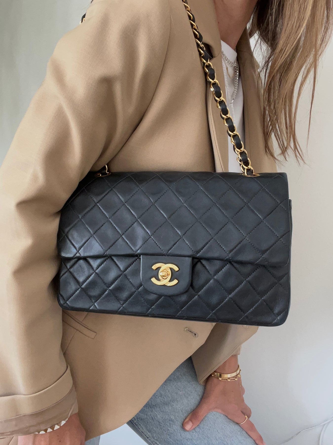 Chanel Medium/Large Pearly Beige Quilted Caviar Classic Double Flap by Ann's Fabulous Finds