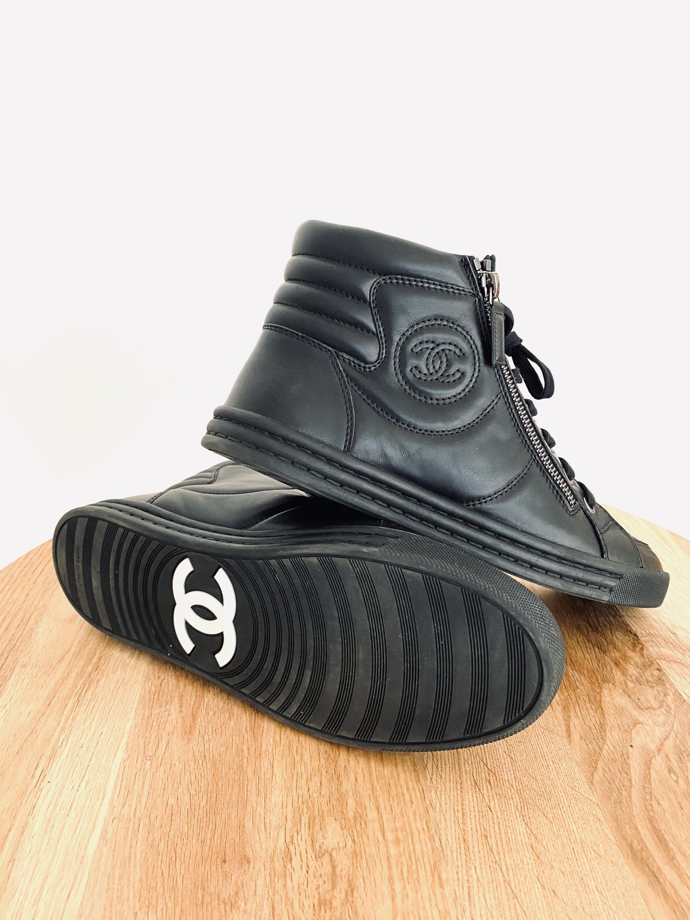 Chanel Black Leather CC Double Zip Accent High Top Sneakers Size 39 Chanel
