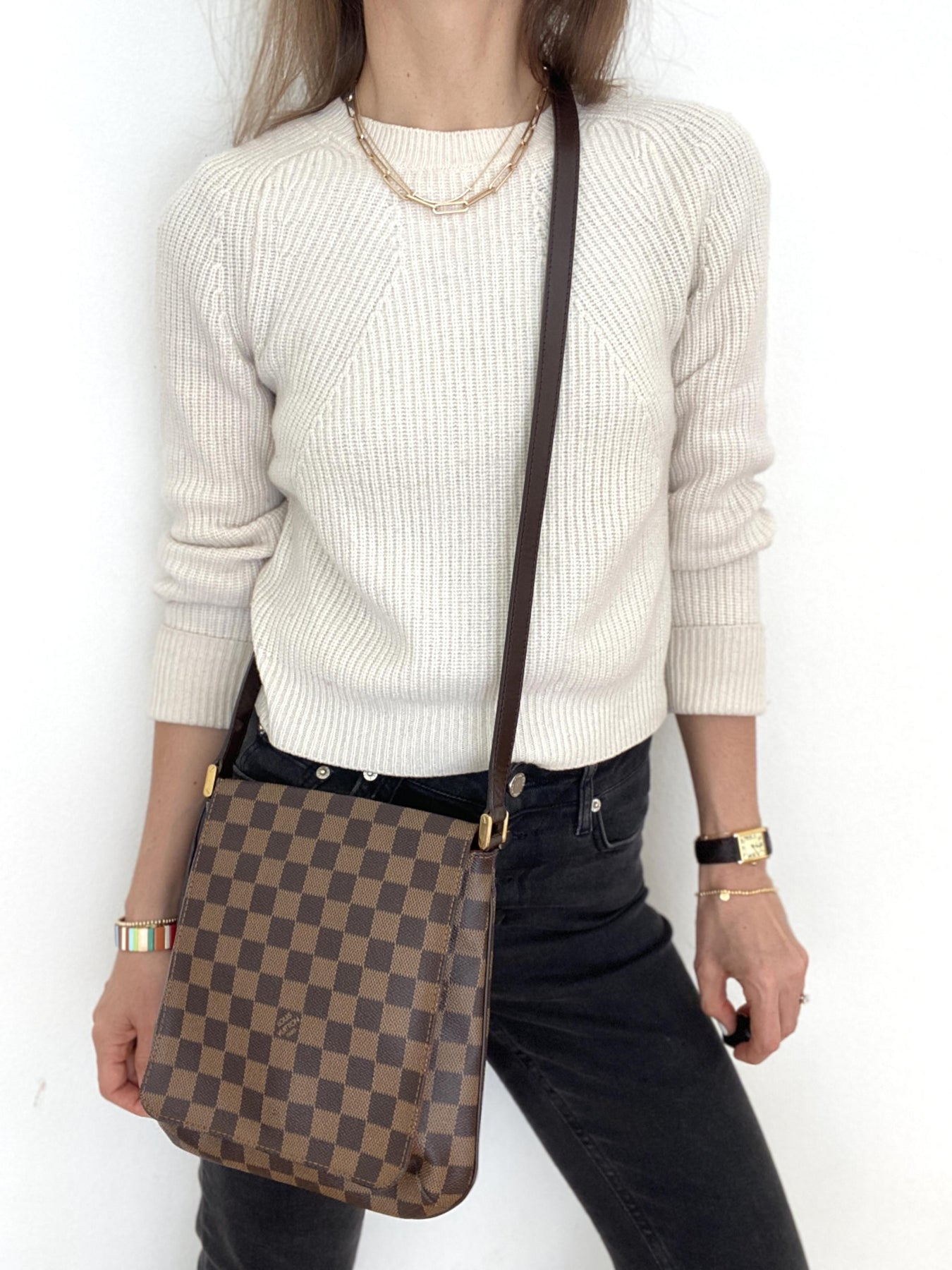 Musette Salsa Damier Crossbody bag in Coated Canvas, Gold Hardware