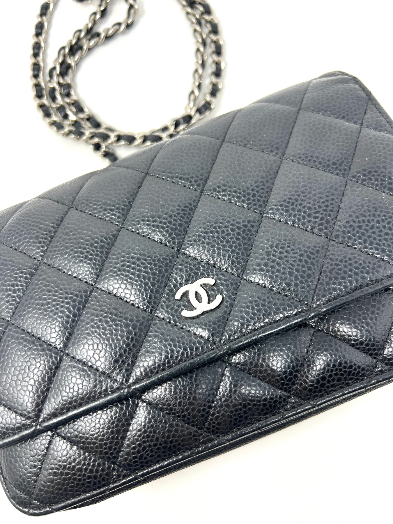 Chanel Quilted Wallet On Chain WOC Black Caviar Silver Hardware