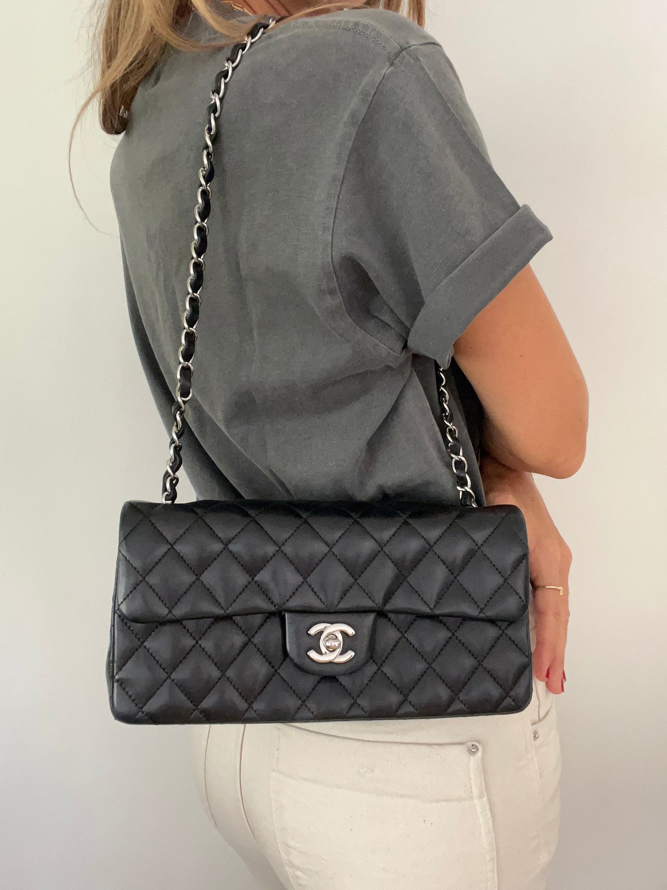 East West Flap Bag in Black Lambskin and Silver Hardware